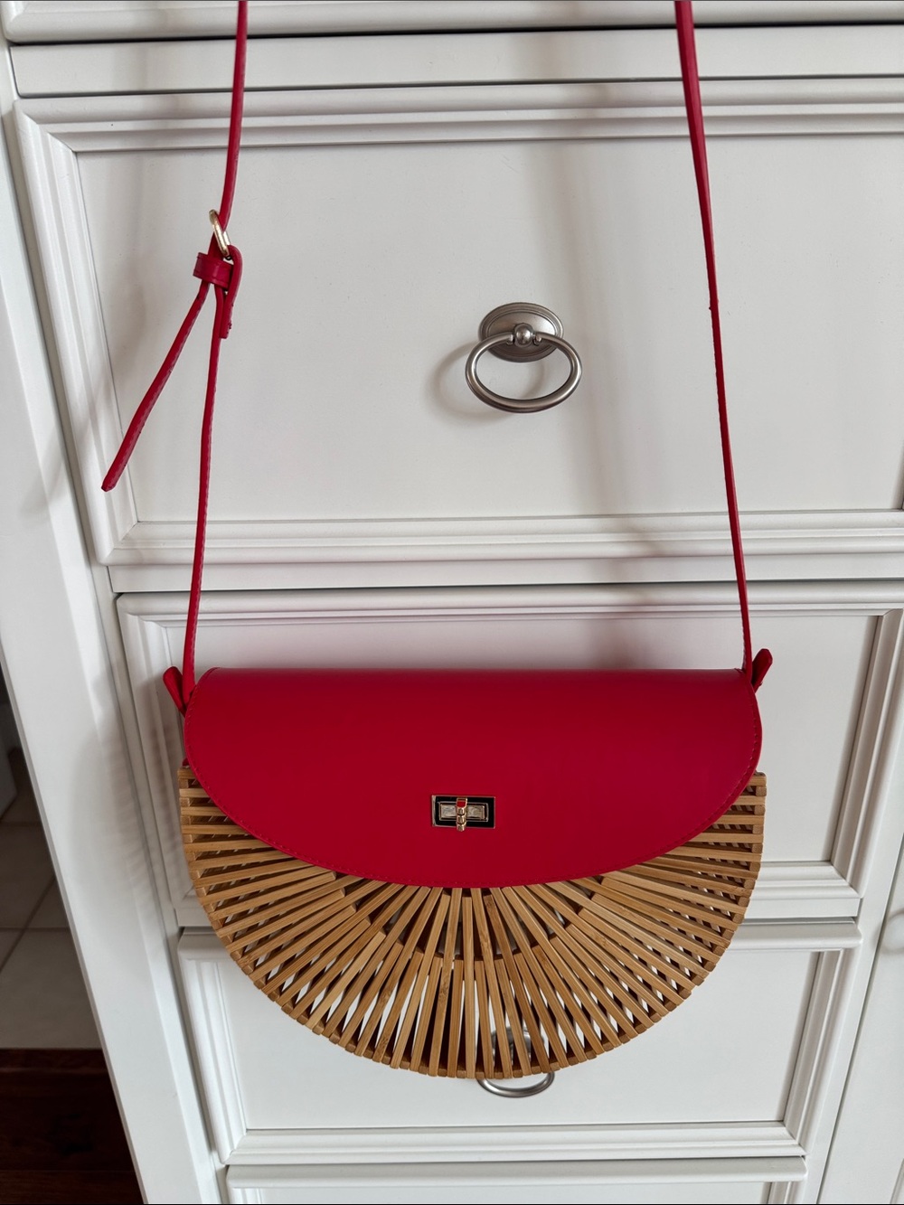 Amazon Red Half-Moon Bamboo Accent Crossbody Bag